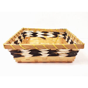 Small Square 2 Tone Woven Basket Brown and White Accents Decorative Trim 8.5"